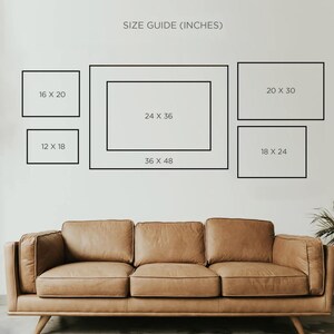 May include: A size guide for picture frames, with dimensions in inches. The guide displays rectangular frames in various sizes: 12x18, 16x20, 18x24, 20x30, 24x36, and 36x48. A brown leather sofa is in the foreground.