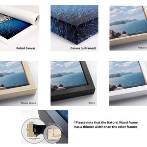 May include: Image showcasing various canvas print options. Includes rolled canvas, unframed canvas, and framed options in natural wood, maple wood, black, and white. The text reads "Rolled Canvas", "Canvas (unframed)", "Natural Wood", "Maple Wood", "Black", and "White".