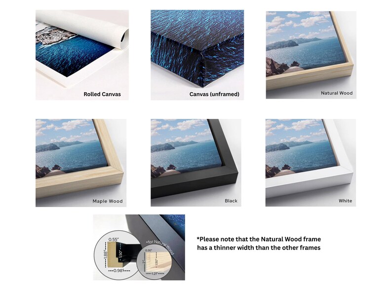 May include: Image showcasing various canvas print options. Includes rolled canvas, unframed canvas, and framed options in natural wood, maple wood, black, and white. The text reads "Rolled Canvas", "Canvas (unframed)", "Natural Wood", "Maple Wood", "Black", and "White".