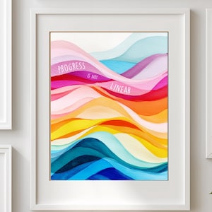Puede incluir: Impresión artística enmarcada con un diseño abstracto colorido de formas onduladas en capas en tonos azules, rosas, naranjas y amarillos. El texto "PROGRESS IS NOT LINEAR" está superpuesto a la obra de arte en blanco, en cursiva.