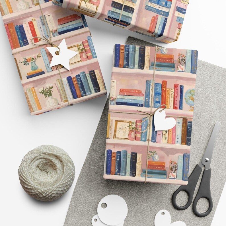 Papel de regalo con forma de estantería, papel de regalo para amantes de los libros, papel de regalo para lectores, papel de regalo para libros de biblioteca, papel de regalo para amantes de las plantas, papel de regalo para lectores. imagen 5