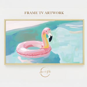 May include: A framed artwork featuring a pink flamingo pool float in a turquoise pool. The flamingo has a yellow beak and a black tip. The artwork is labeled "FRAME TV ARTWORK" at the top.