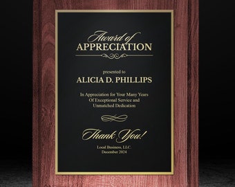 Custom Award Plaque, Employee Recognition Gift, Wood Wall Plaque, Engraved Award, Thank You Trophy, Employee of the Month, Corporate Award