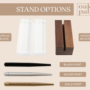 May include: Stand options for displaying items. Choose from an acrylic block, a wood block, or a black, silver, or gold post.