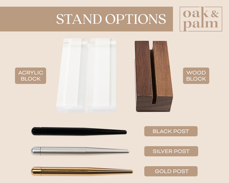 May include: Stand options for displaying items. Choose from an acrylic block, a wood block, or a black, silver, or gold post.
