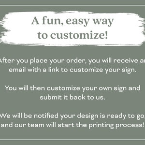 May include: A green background with white text explaining how to customize a sign. The text reads: "A fun, easy way to customize! After you place your order, you will receive an email with a link to customize your sign. You will then customize your own sign and submit it back to us. We will be notified your design is ready to go, and our team will start the printing process!"