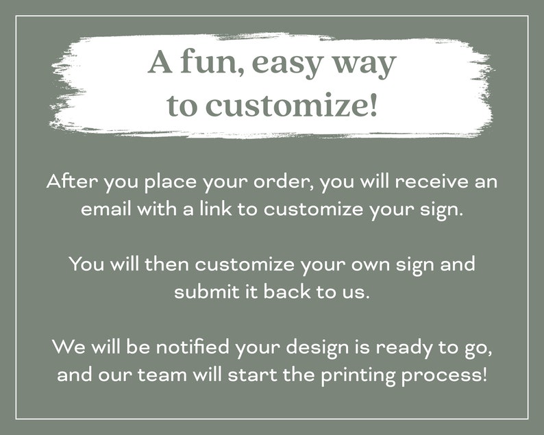 May include: A green background with white text explaining how to customize a sign. The text reads: "A fun, easy way to customize! After you place your order, you will receive an email with a link to customize your sign. You will then customize your own sign and submit it back to us. We will be notified your design is ready to go, and our team will start the printing process!"