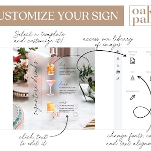 May include: A screenshot of a computer screen showing a mockup of a sign with the text "signature drinks" and three drink options: "his old fashioned", "hers cosmopolitan", and "ours screwdriver". The sign is on a white background with a wooden table in the background. The screen also shows a menu of options for customizing the sign, including adding text, images, and changing the background.