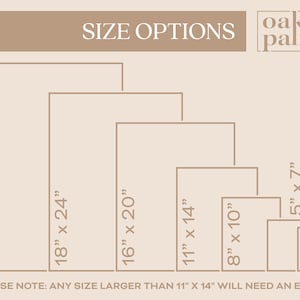 May include: A chart showing different size options for prints. The sizes are listed in inches: 20 x 28, 18 x 24, 16 x 20, 11 x 14, 8 x 10, 5 x 7, and 4 x 6. The text "PLEASE NOTE: ANY SIZE LARGER THAN 11" X 14" WILL NEED AN EASEL" is at the bottom of the chart. The text "SIZE OPTIONS" is at the top of the chart. The text "oak & palm" is in the top right corner of the chart.