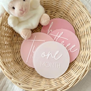 May include: A woven basket holds a plush white lamb toy and several pink and white milestone discs. The discs have white script that reads "one month" and other milestone phrases. The discs are in varying shades of pink.