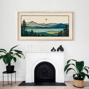 Emerald Bay Print Minimalist Mountain Panorama, Calm Lake Landscape, Blue & Green Earth Tones, Modern Tree Nature Wall Art / 22x11, 44x22 image 2