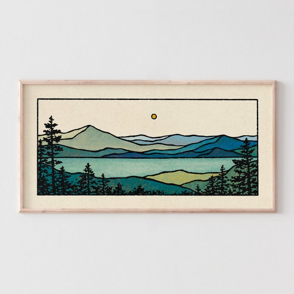 Emerald Bay-Druck – minimalistisches Bergpanorama, ruhige Seelandschaft, blaue und grüne Erdtöne, moderne Baum-Natur-Wandkunst / 22 x 11, 44 x 22