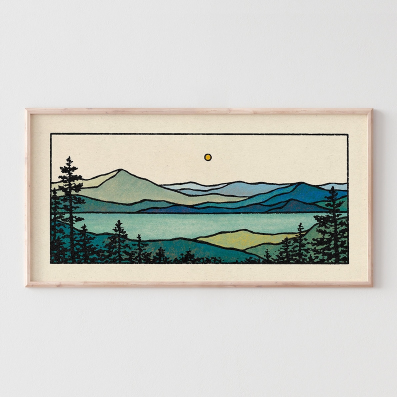 Emerald Bay Print Minimalist Mountain Panorama, Calm Lake Landscape, Blue & Green Earth Tones, Modern Tree Nature Wall Art / 22x11, 44x22 image 1