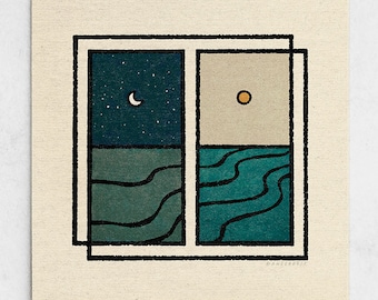 Sweet Dreams Print - Sonne & Mond Minimalistische Landschaft, Tag und Nacht Sterne, Zeit zum Schlafen, Einschlafen, Blaues Meer Wand Kunst / 11x11, 22x22