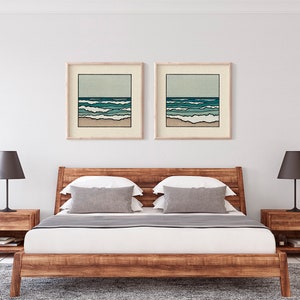 Wash Away Set of 2 Prints Minimalist Beach Landscape, Calm Ocean Waves, Blue Earth Tones, Coastal Nature, Sea Wall Art / 11x11, 22x22 image 4