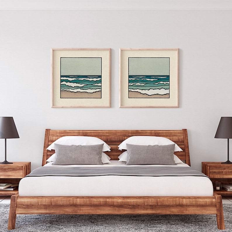 Wash Away Set of 2 Prints Minimalist Beach Landscape, Calm Ocean Waves, Blue Earth Tones, Coastal Nature, Sea Wall Art / 11x11, 22x22 image 4