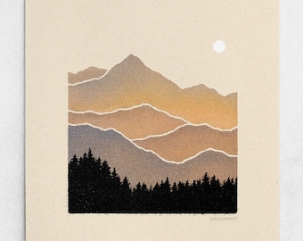 Summit Print - Mountain Minimalist Landscape, Sun or Moon, Orange & Grey Purple Earth Tones, Black Forest Wall Art / 11x11, 22x22