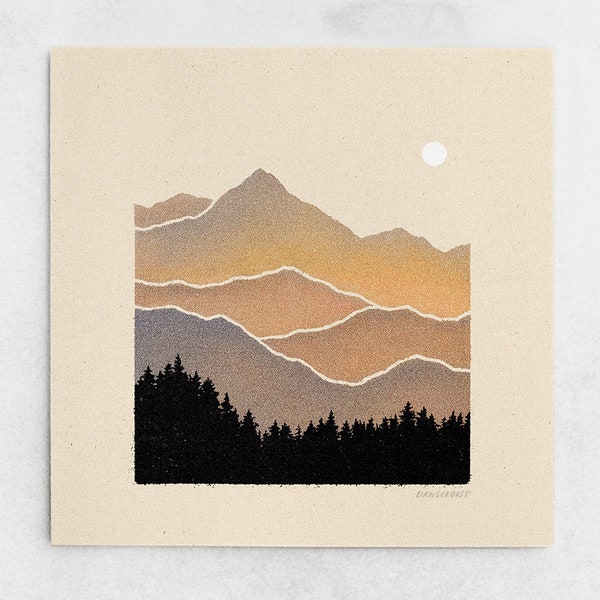 Summit Print - Mountain Minimalist Landscape, Sun or Moon, Orange & Grey Purple Earth Tones, Black Forest Wall Art / 11x11, 22x22