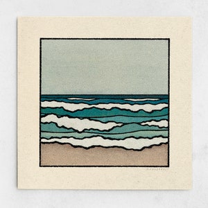 Wash Away Set of 2 Prints Minimalist Beach Landscape, Calm Ocean Waves, Blue Earth Tones, Coastal Nature, Sea Wall Art / 11x11, 22x22 image 2