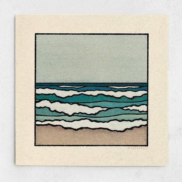 Wash Away Print - Minimalist Ocean Landscape, Foggy Seascape, Muted Blue Waves, Beach Earth Tones, Coastal Nature Wall Art / 11x11, 22x22