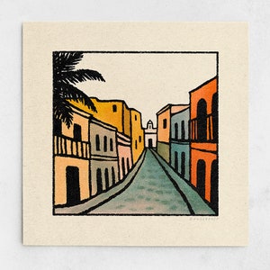 Old Town Print - Minimalist Cobblestone Street, Colorful Houses, Orange & Blue Landscape, Ocean Town, Tropical Wall Art / 11x11, 22x22