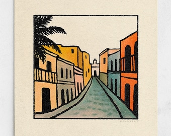 Old Town Print - Minimalist Cobblestone Street, Colorful Houses, Orange & Blue Landscape, Ocean Town, Tropical Wall Art / 11x11, 22x22