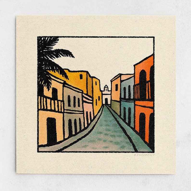 Old Town Print Minimalist Cobblestone Street, Colorful Houses, Orange & Blue Landscape, Ocean Town, Tropical Wall Art / 11x11, 22x22 image 1