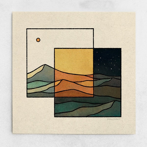 Transition Print - Day & Night Minimalist Landscape, Abstract Sunset, Green Mountains, Sun and Stars, Burnt Orange Nature Art / 11x11, 22x22
