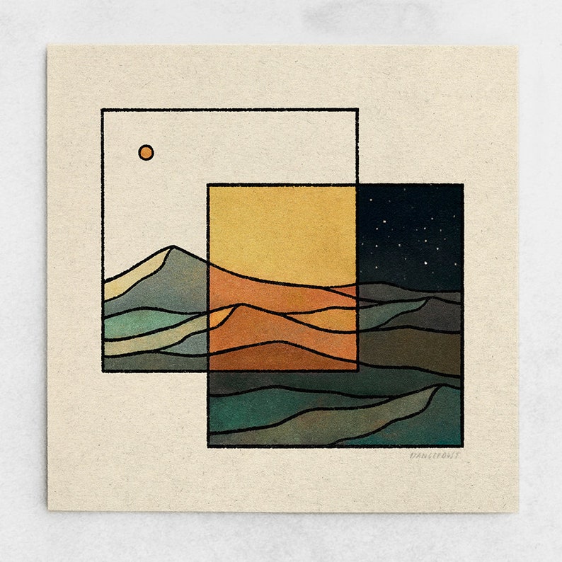 Transition Print Day & Night Minimalist Landscape, Abstract Sunset, Green Mountains, Sun and Stars, Burnt Orange Nature Art / 11x11, 22x22 image 1