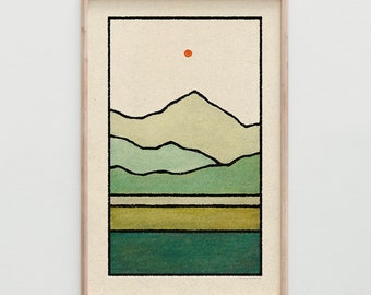Elevate Print - Minimalistischer vertikaler Berg, ruhige grüne Landschaft, Erdtöne, moderne Natur Wandkunst / 17x11, 34x22