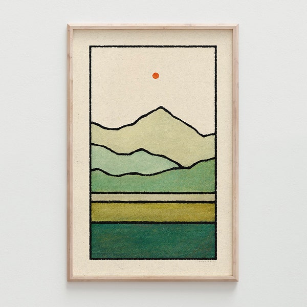 Elevate Print - Minimalist Vertical Mountain, Peaceful Green Landscape, Earth Tones, Modern Nature Wall Art / 17x11, 34x22