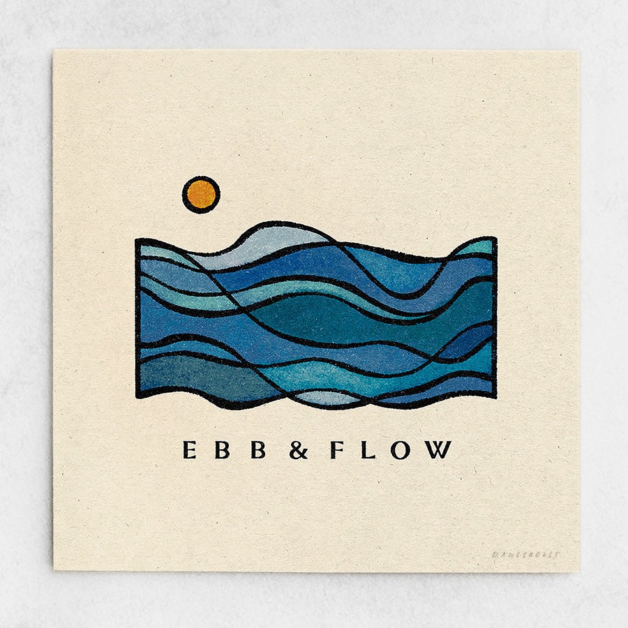 Ebb & Flow Print - Minimalist Ocean Landscape, Burnt Orange Sun, Natural Blue Earth Tones, Abstract Waves, River Wall Art / 11x11, 22x22