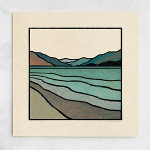 Slow Down Print - Minimalist Mountain Landscape, Calm Scenic Lake, Blue Earth Tones, Nature Wall Art, Abstract Shoreline / 11x11, 22x22