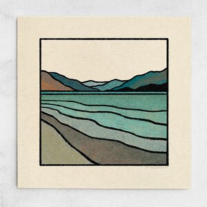 Slow Down Print: Minimalist Mountain Lake Art Print, Calm Blue Landscape (11x11, 22x22)