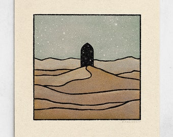 Portal Print - Minimalist Desert Mirage, Starry Daydream, Escapism Art, Door to Another World, Sandy Desaturated Earth Tones / 11x11, 22x22