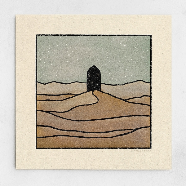 Portal Print - Minimalist Desert Mirage, Starry Daydream, Escapism Art, Door to Another World, Sandy Desaturated Earth Tones / 11x11, 22x22