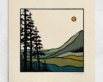 Take a Hike Print - Sun Minimalist Landscape, Trees Forest Scenic, Blue & Green Nature Wall Art / 11x11, 22x22