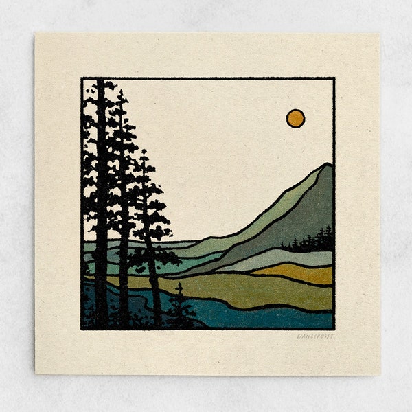 Take a Hike Print – minimalistische Sonne-Landschaft, Bäume, Wald, blaue und grüne Natur-Wandkunst / 11 x 11, 22 x 22