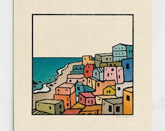 Seaside Print - Ocean Town, Minimalist Coastal Landscape, Colorful Orange Houses, Tropical Island, Caribbean Blue Wall Art / 11x11, 22x22