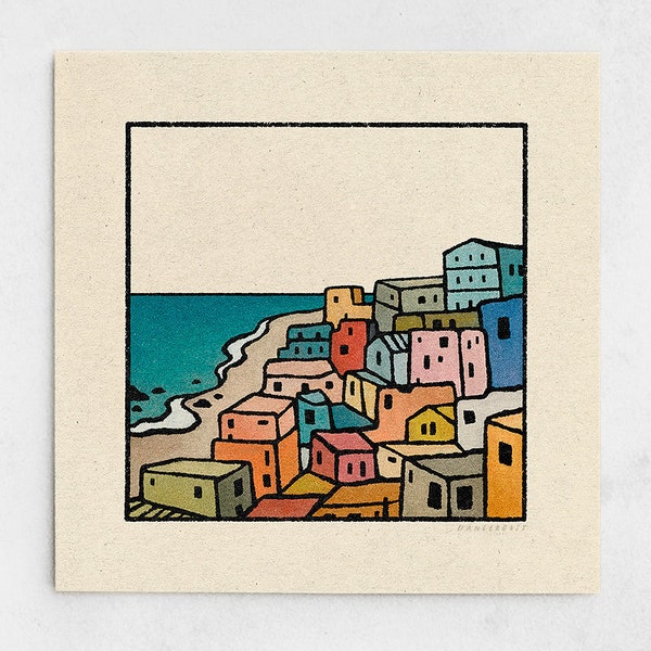 Seaside Print - Ocean Town, Minimalist Coastal Landscape, Colorful Orange Houses, Tropical Island, Caribbean Blue Wall Art / 11x11, 22x22