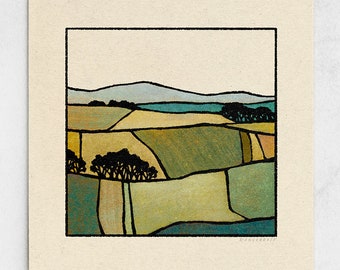 Keep Rolling Print - Ländliche Landschaft, Landschaft mit Hügeln, minimalistische Kunst in Gelb, Blau und Grün / 11x11, 22x22