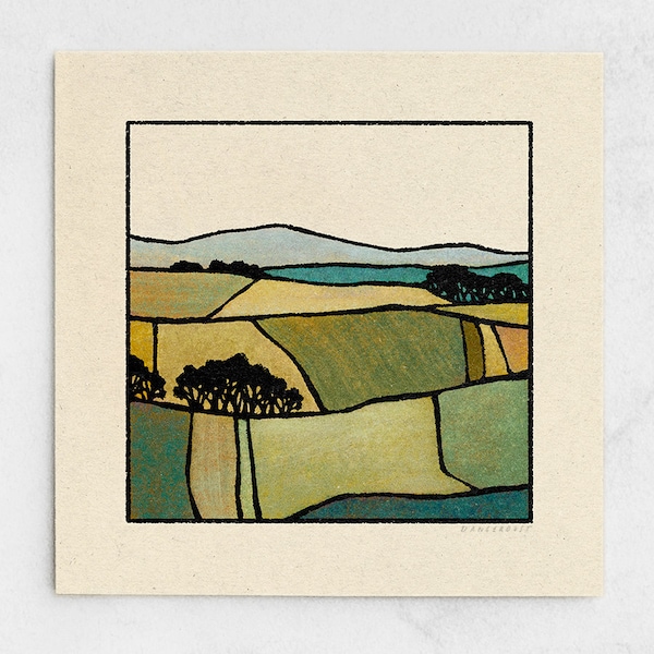 Keep Rolling Print - Rural Landscape, Scenic Country Hills, Minimalist Yellow, Blue & Green Art / 11x11, 22x22