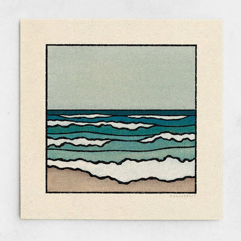 Wash Away Set of 2 Prints Minimalist Beach Landscape, Calm Ocean Waves, Blue Earth Tones, Coastal Nature, Sea Wall Art / 11x11, 22x22 image 3
