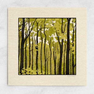 Impression Get Lost - forêt abstraite, paysage minimaliste paisible, arbres vert vif, art mural nature calme / 11 x 11, 22 x 22