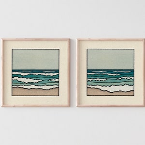 Wash Away Set of 2 Prints Minimalist Beach Landscape, Calm Ocean Waves, Blue Earth Tones, Coastal Nature, Sea Wall Art / 11x11, 22x22 image 1