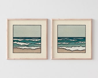 Wash Away-Set mit 2 Drucken – minimalistische Strandlandschaft, ruhige Meereswellen, blaue Erdtöne, Küstennatur, Meereswandkunst / 11 x 11, 22 x 22