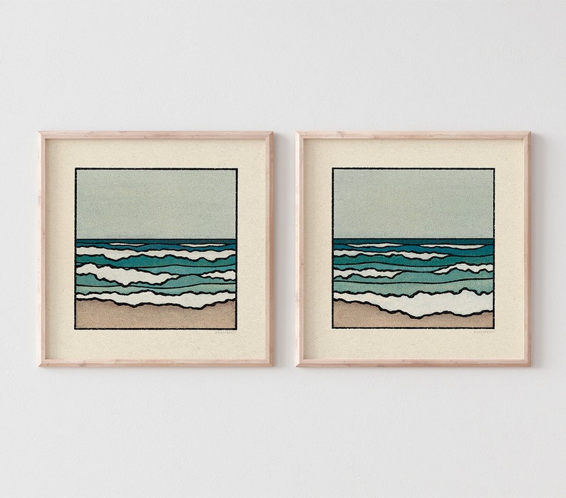 Wash Away Set of 2 Prints Minimalist Beach Landscape, Calm Ocean Waves, Blue Earth Tones, Coastal Nature, Sea Wall Art / 11x11, 22x22 image 1