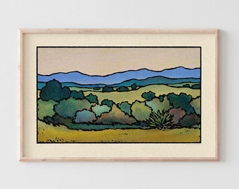 Santa Fe-Druck – Bergprärie-Panorama, ruhige Südwestlandschaft, Kornblumenblau und Salbeigrün, moderne Natur-Wandkunst / 17 x 11, 34 x 22