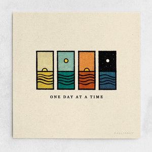 One Day at a Time Print: Sun & Moon Landscape, Minimalist Ocean, Earth Tones (11x11, 22x22)