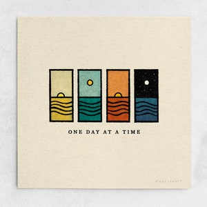 One Day at a Time Print - Sun & Moon Minimalist Ocean Landscape, Day to Night, Burnt Orange Earth Tones, Blue Nature Wall Art / 11x11, 22x22